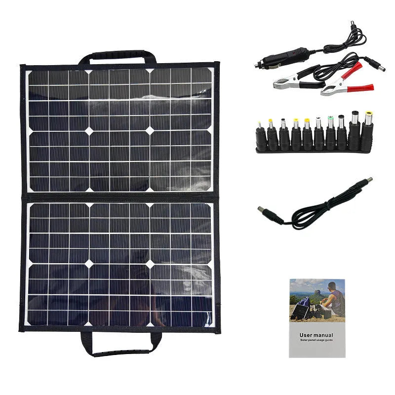 Black 40W folding solar panel in portable bag showing compact 425x285mm folded size