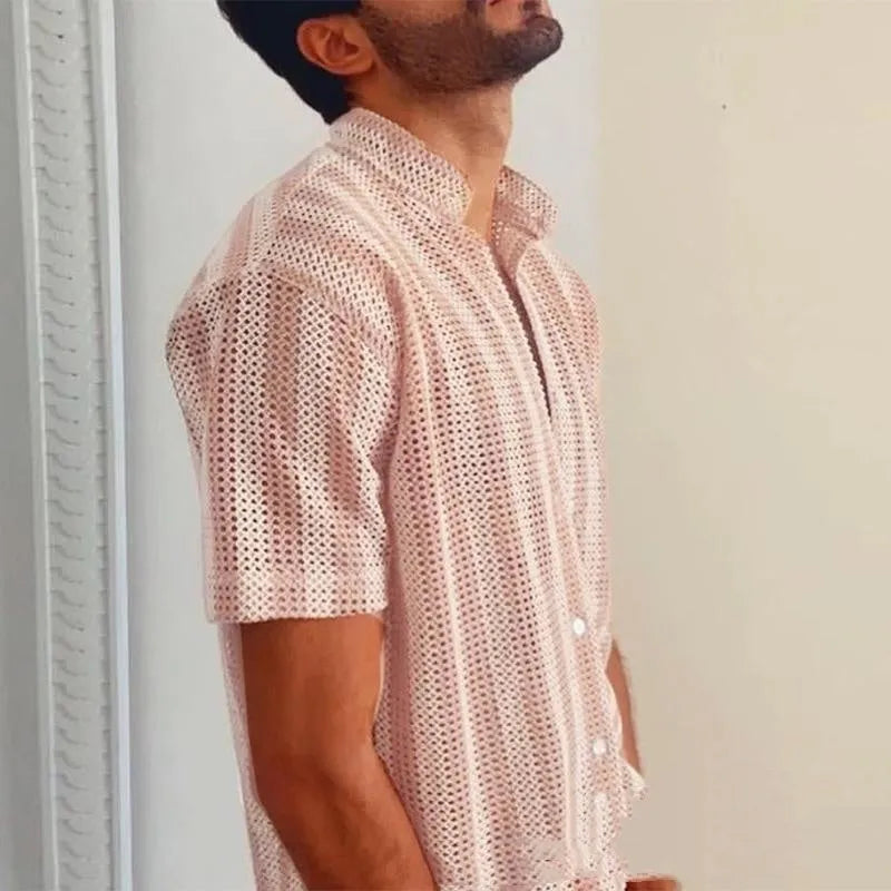 Pink men's loose fit cardigan style summer shirt with waffle knit pattern and short sleeves
