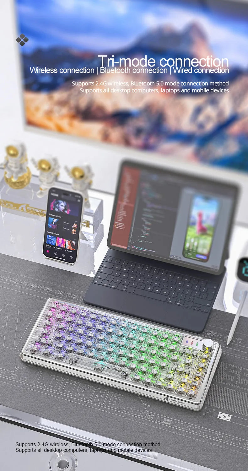 Attack Shark K75RGB wireless mechanical keyboard with transparent white case showing RGB lights and gasket mount.