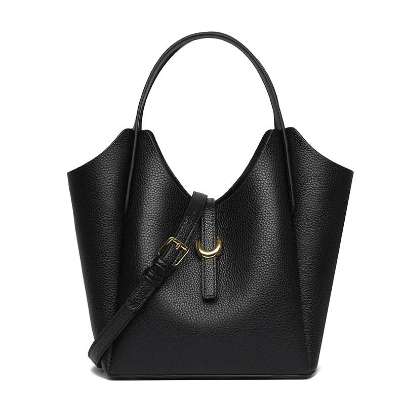 Genuine leather women's bucket bag in European retro style with sandwich pockets