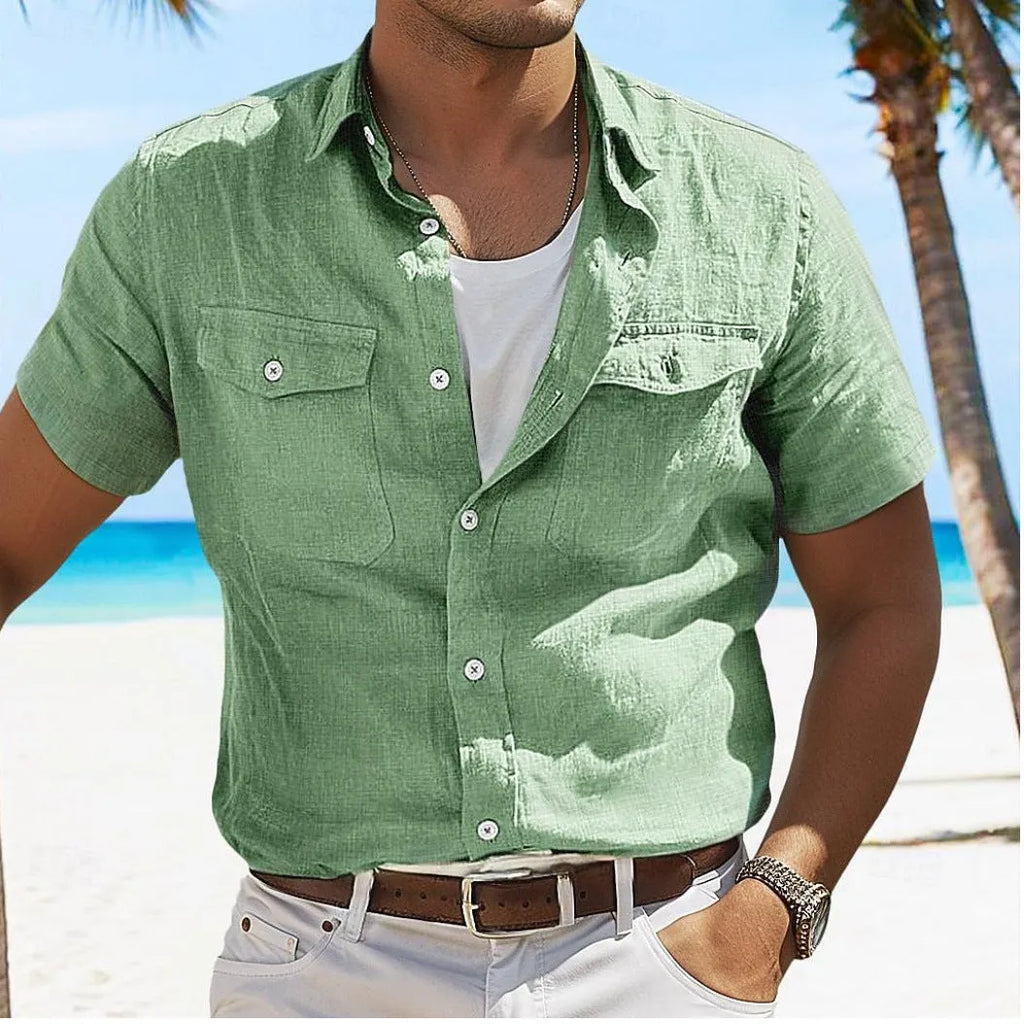 Men's loose fit cotton linen long sleeve polo collar casual cardigan shirt in solid green for summer leisure wear