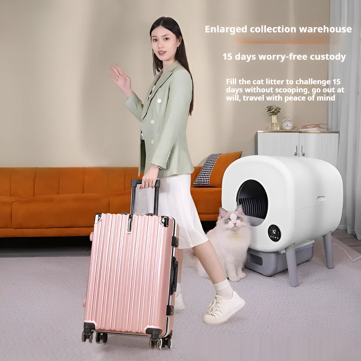 Automatic self-cleaning cat litter box with waste storage compartment and UK plug