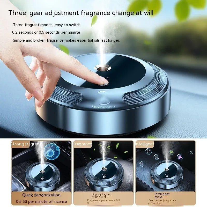 Metal automatic car air freshener diffuser with three fragrance bottles and charging cable