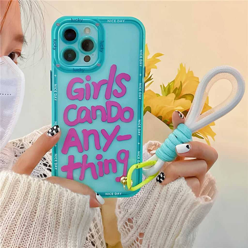 Transparent TPU phone case with graffiti artwork and attached lanyard for Apple iPhone models