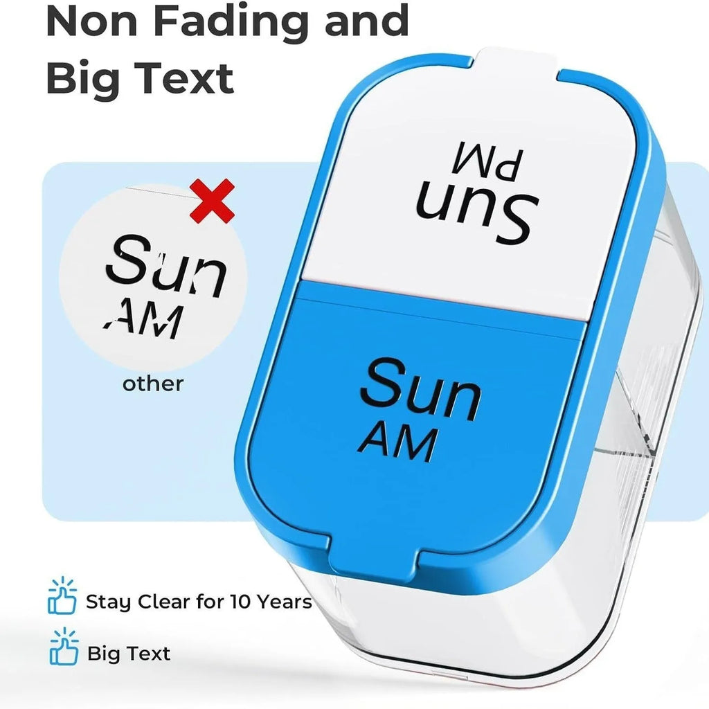 14 compartment plastic pill organiser with removable daily trays in rainbow colour option showing dimensions