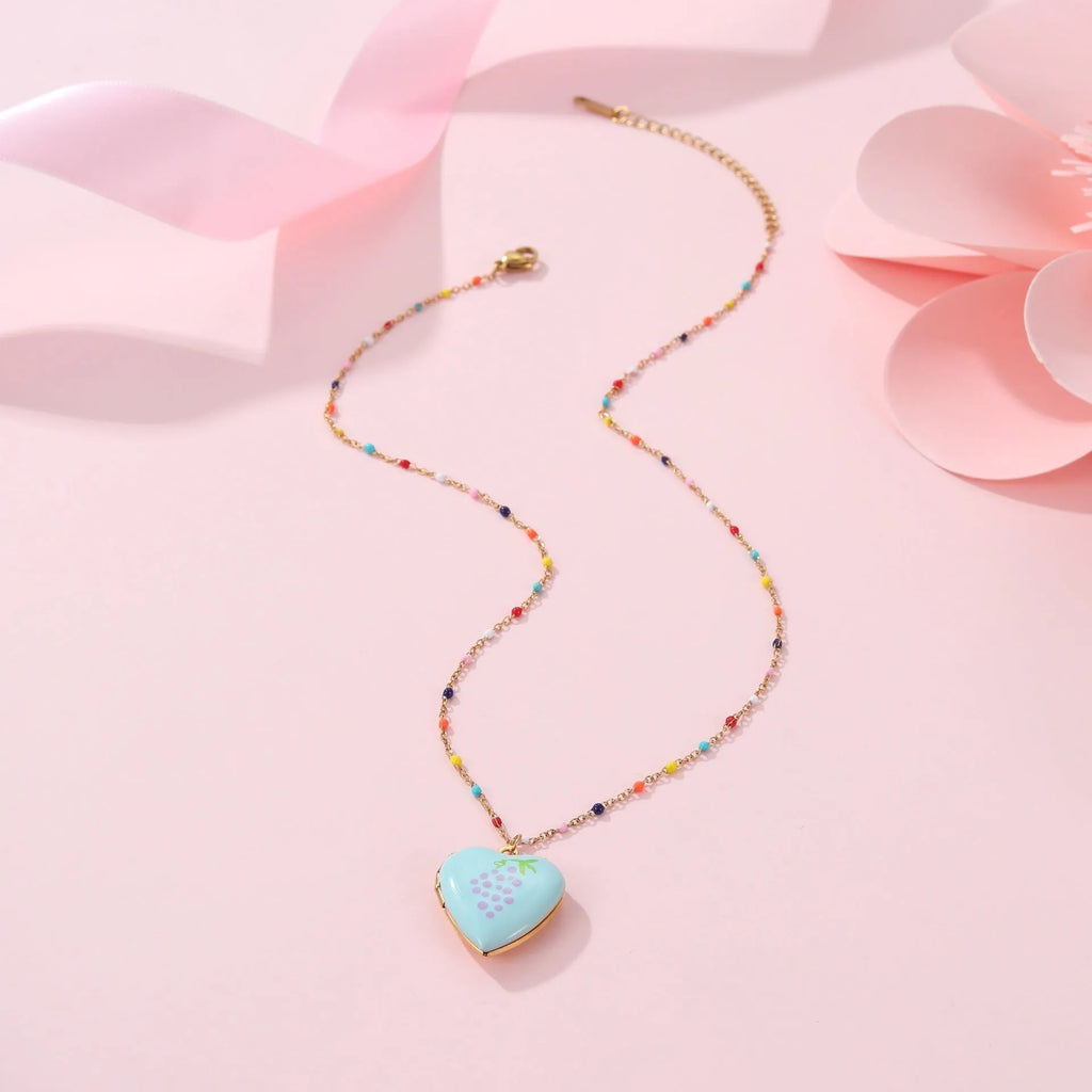 Gold-plated stainless steel fruit pendant necklace with adjustable chain in various colour options