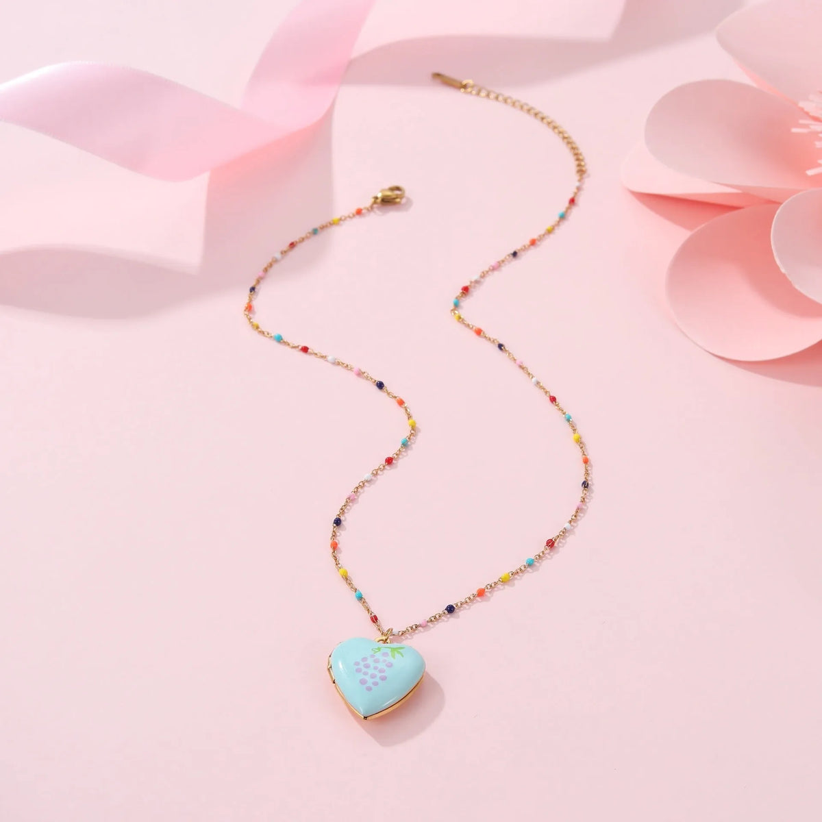 Gold-plated stainless steel fruit pendant necklace with adjustable chain in various colour options