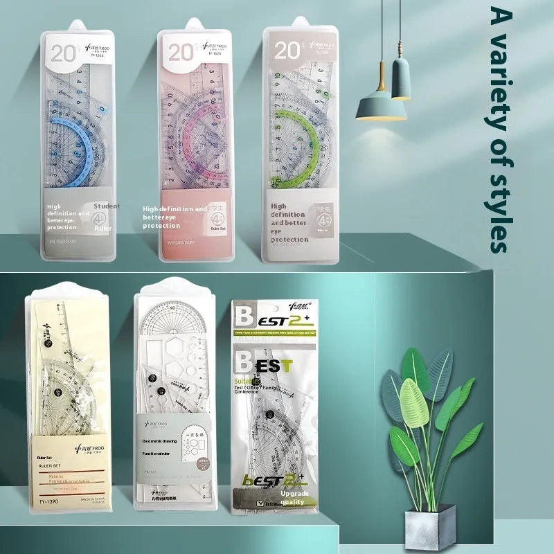 Transparent acrylic drawing ruler sets with square protractors in multiple colour options