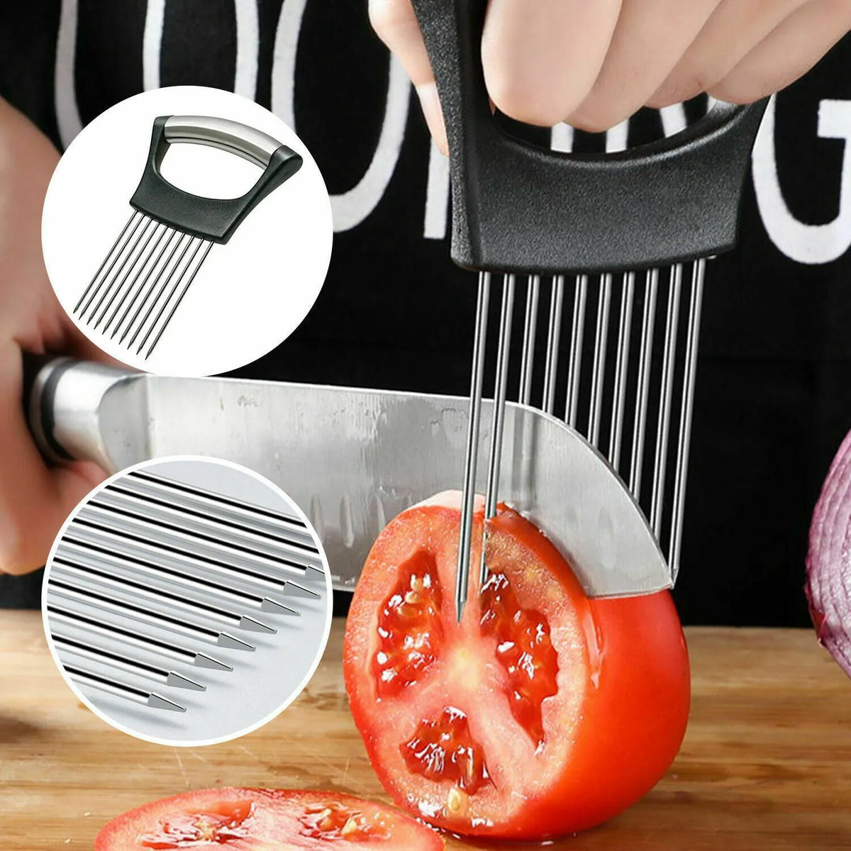 Stainless steel and ABS food slicer holder for onions and tomatoes, showing comfortable handle.