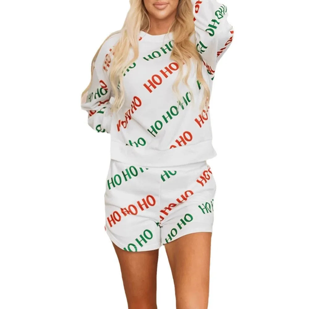 Women's white two-piece street fashion suit with printed letters and numbers on both top and trousers