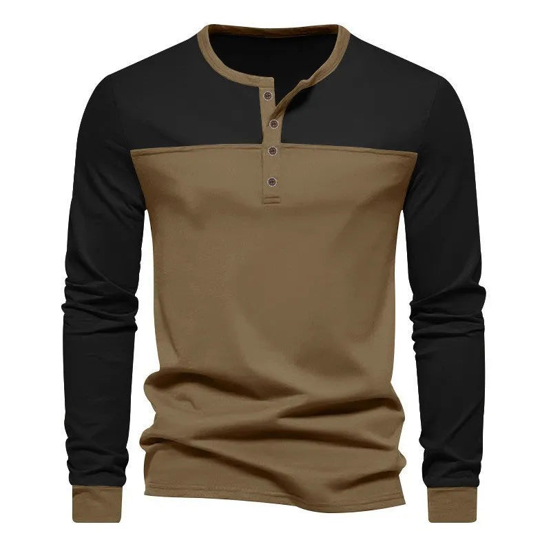 Men's long sleeve casual T-shirt with Henry collar in retro colour matching design