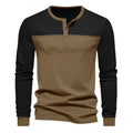 Men's long sleeve casual T-shirt with Henry collar in retro colour matching design