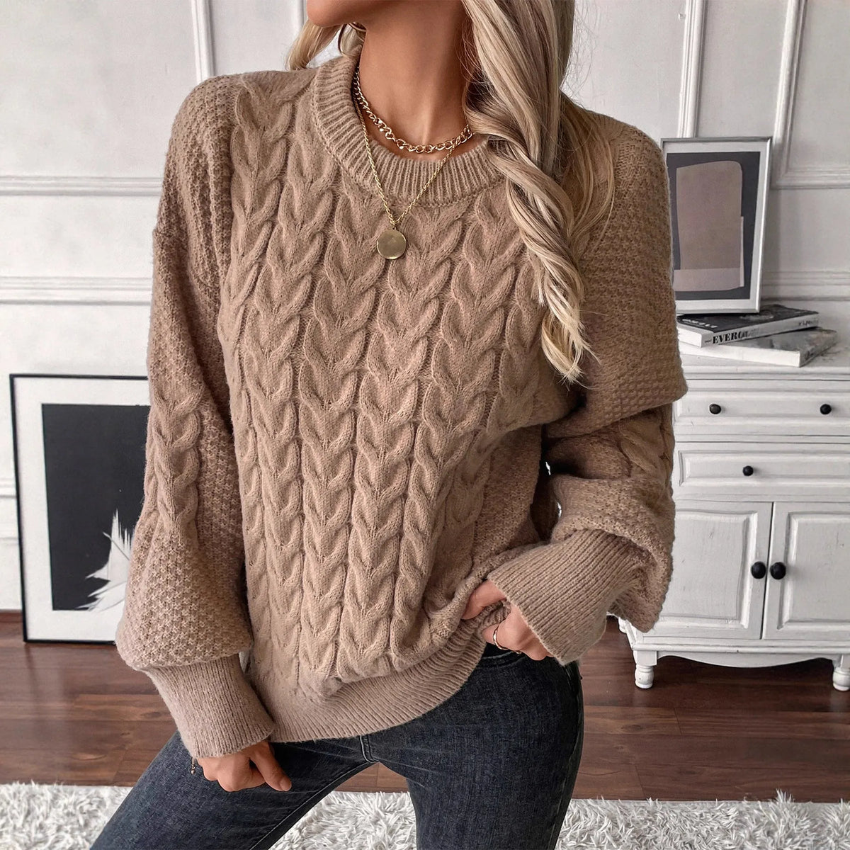 Women's khaki round neck pullover sweater with twist design detail on regular sleeves