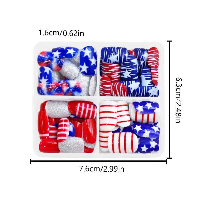 Box of red and blue glitter nail tips with Independence Day pattern and short square shape