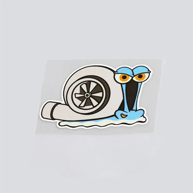 Cartoon snail design reflective sticker for car bumper, size 12cm by 8cm.