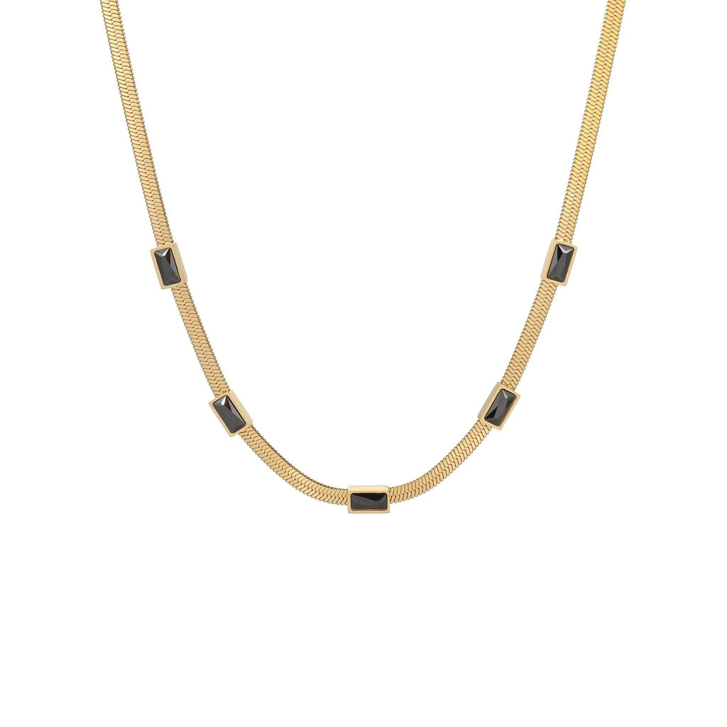 Geometric square zircon necklace on stainless steel flat snake chain with gold electroplated finish