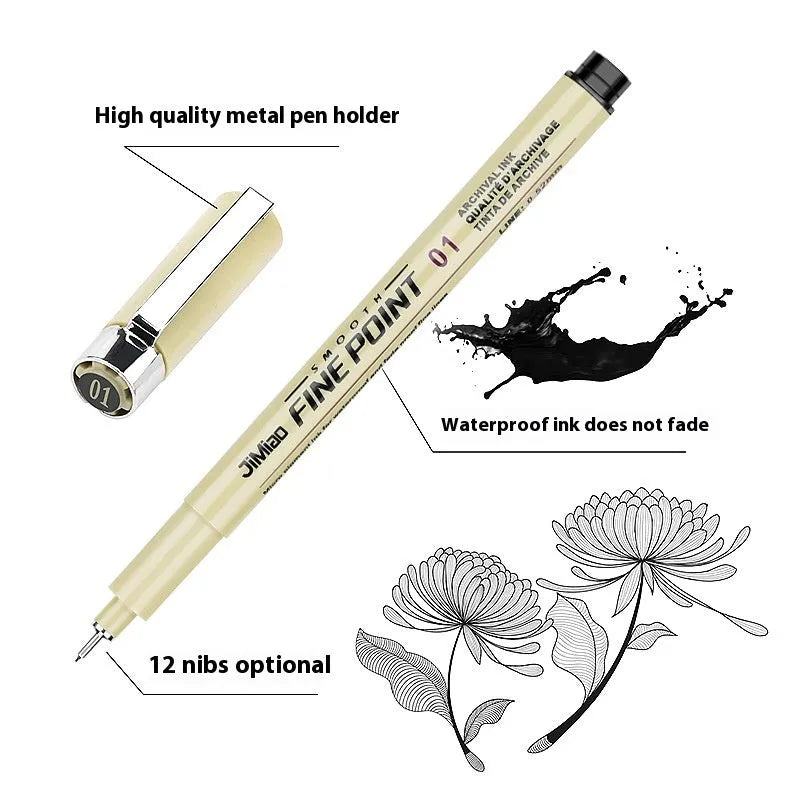Waterproof art cartoon design sketch pen with syringe-style needle point and black ink.