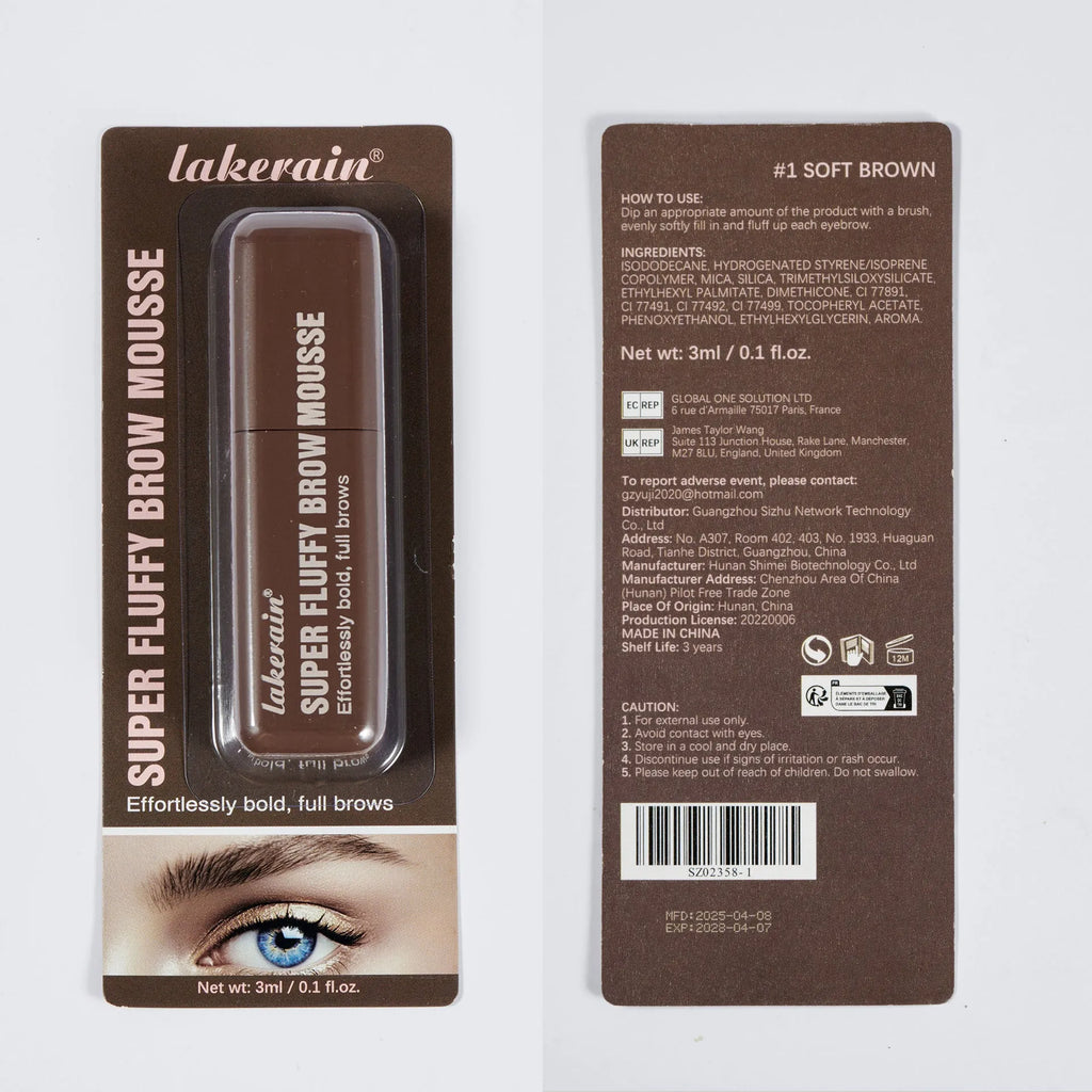 Eyebrow cream mousse tube with six shade options for brow definition