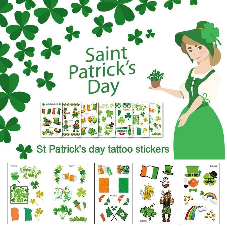 Single Irish festival flag temporary tattoo sticker with clover design, measuring 120mm by 75mm.