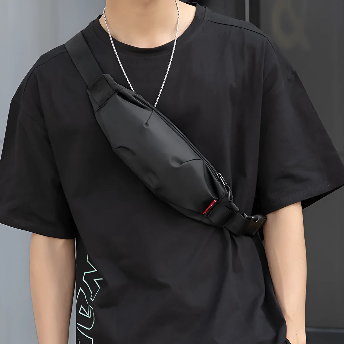 Black oxford cloth waist pack crossbody bag with organisational pockets