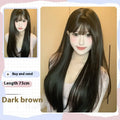 Dark brown women's wig with long straight hair and fringe, made from heat-resistant synthetic fibre