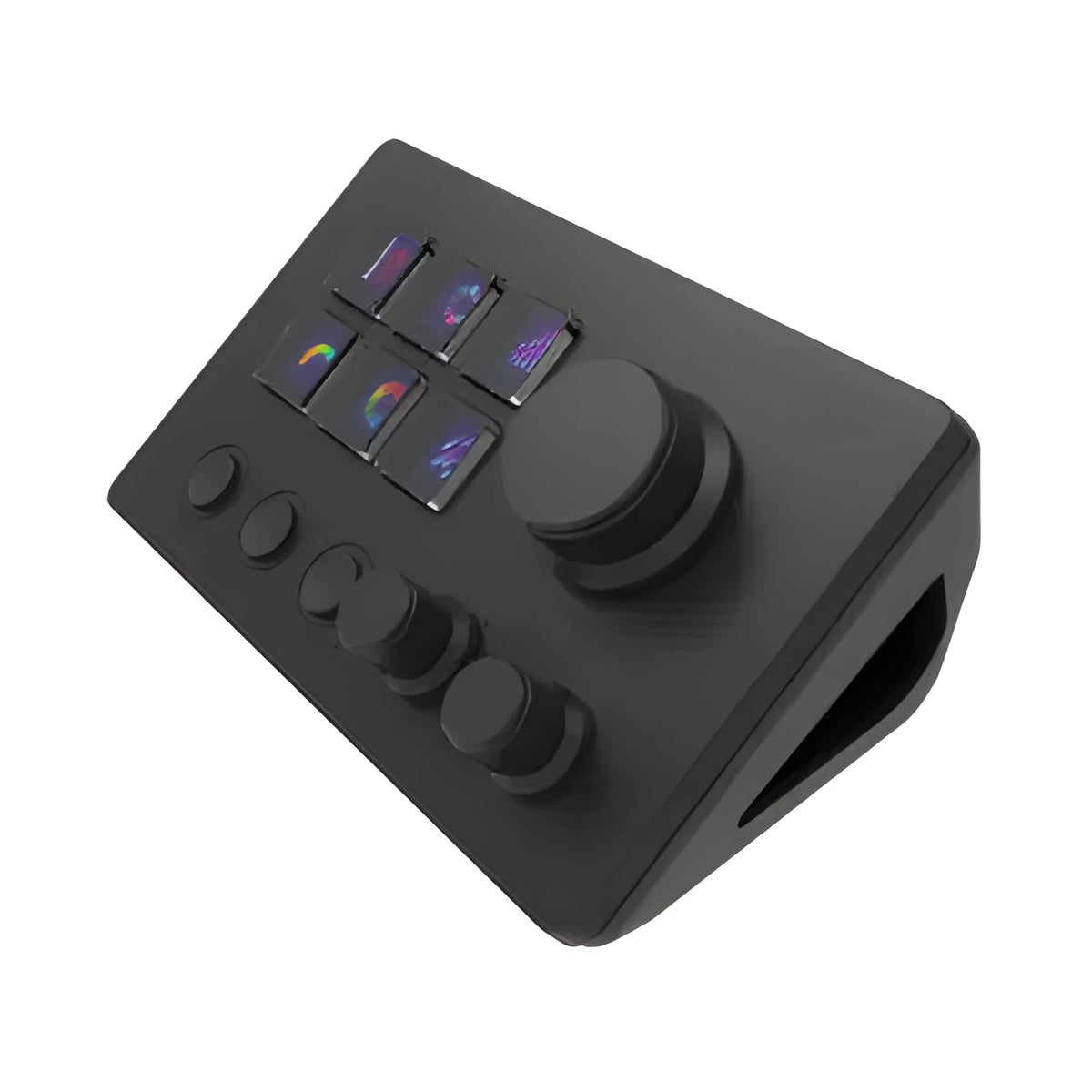Black silicone numeric keypad with 2m cable and mounting bracket on desk