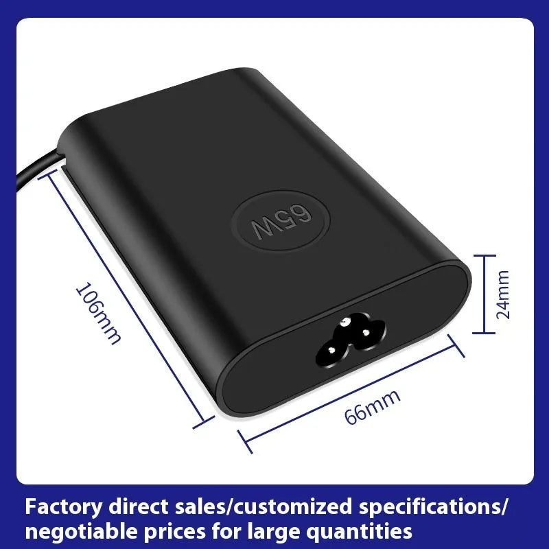 Black oval USB-C 65W laptop power adapter with international plug compatibility
