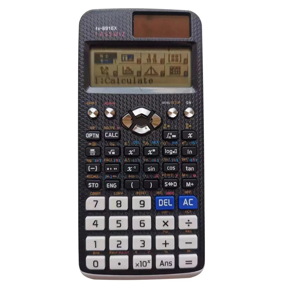 991EX scientific calculator with solar panel in black, blue, or pink colour options