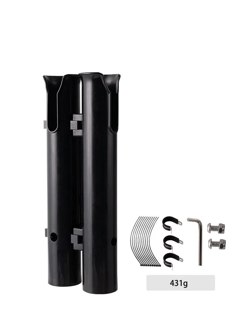 Black plastic double-layer fishing rod rack clamp mounted on a motorcycle carbon pipe frame