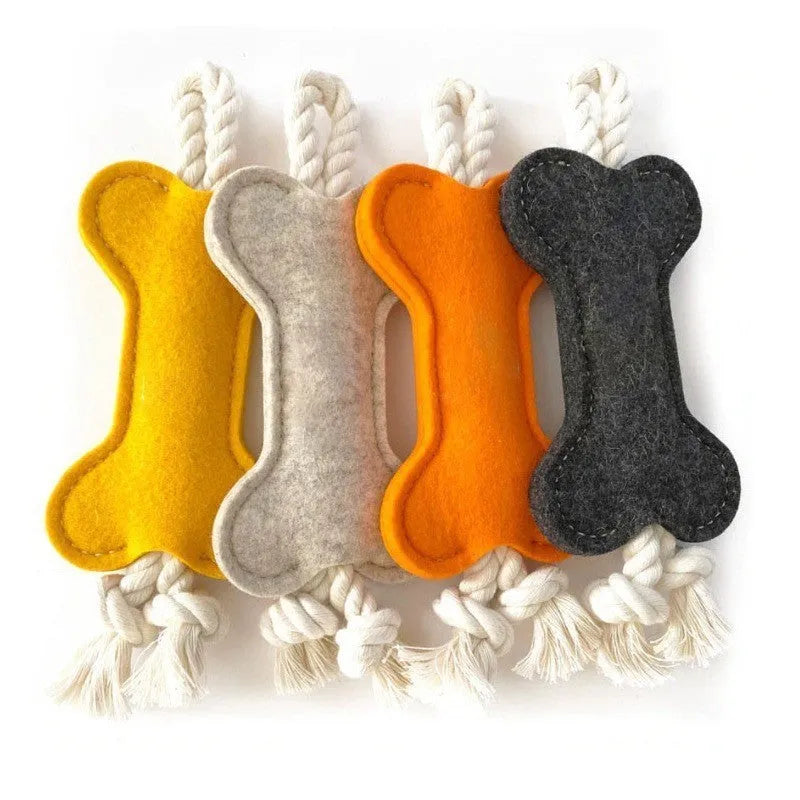 Bite-resistant felt bone dog toy with rope knots in blue colour