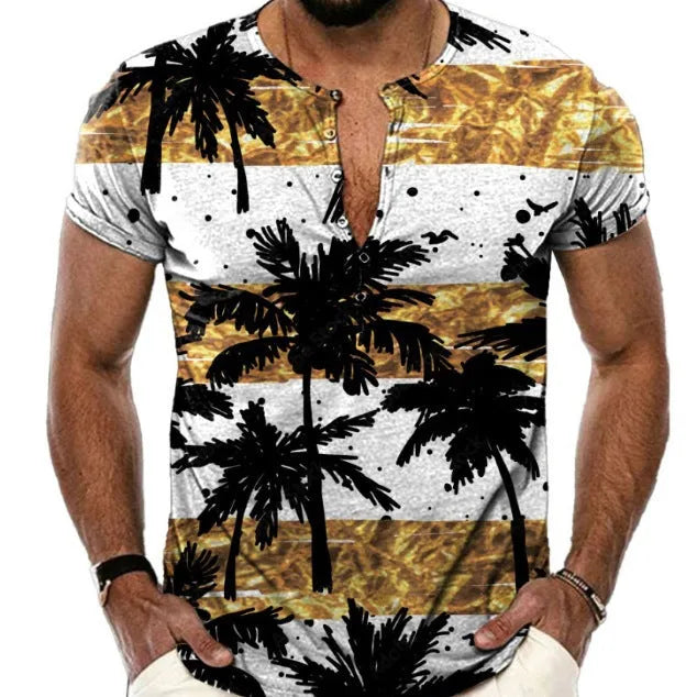 Men's short sleeve sport shirt with 3D printing design and lapel buttons in bird eye polyester fabric