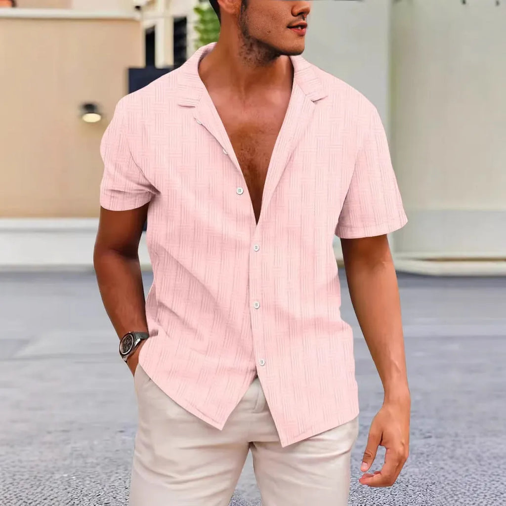 British style short sleeve corduroy shirt in apricot colour, showing button-up cardigan front and regular fit.