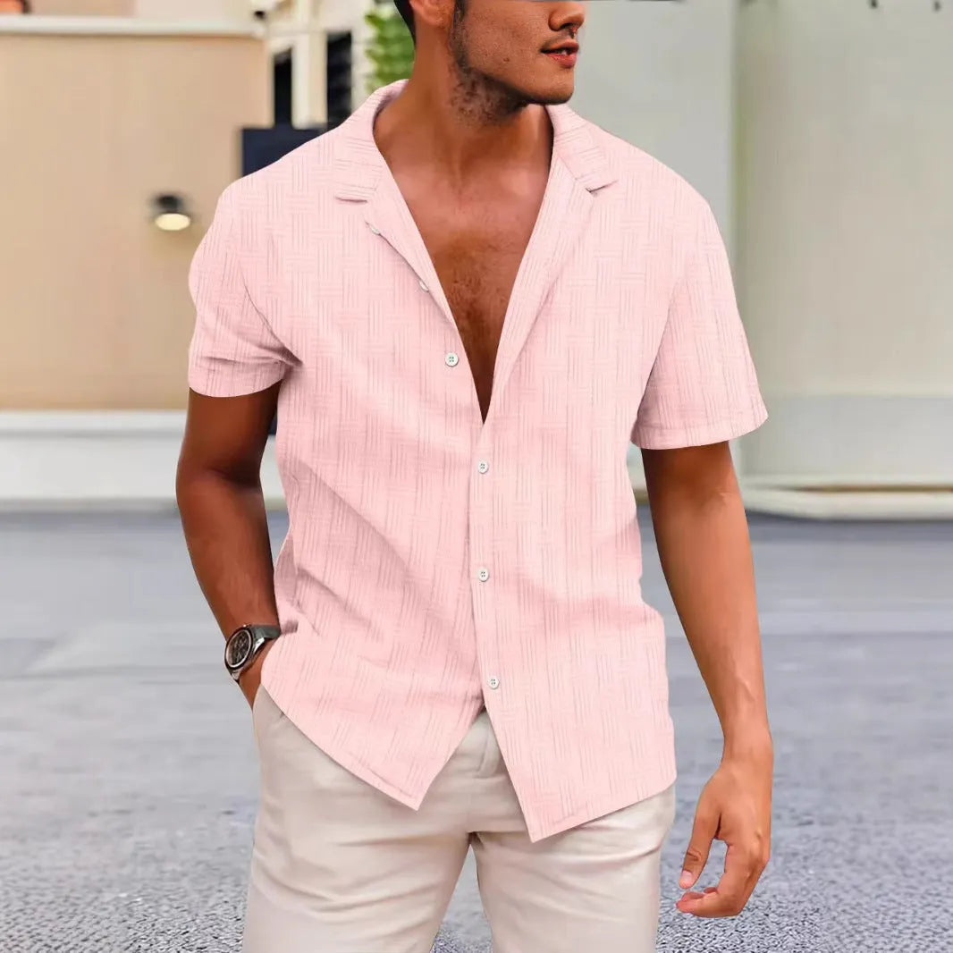British style short sleeve corduroy shirt in apricot colour, showing button-up cardigan front and regular fit.