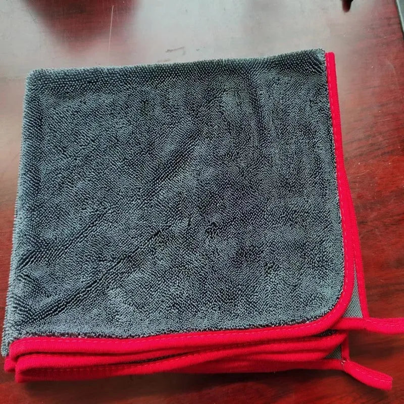 Small braid twisted grey car cleaning towel with red edge option, shown in multiple sizes for glass washing.