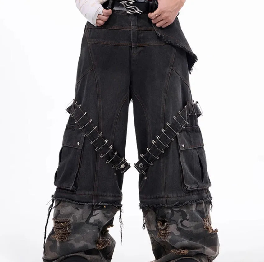 Men's grey cotton denim jeans with camouflage splicing pattern and structural pin and ribbon decorative details