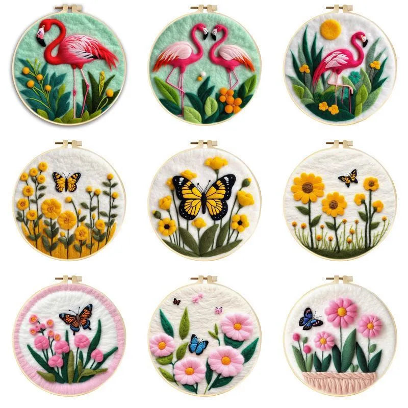 Round linen embroidery kit with wool felt pieces for a 20cm three-dimensional blanket painting project.