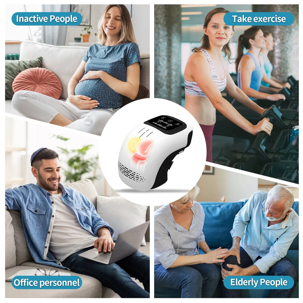 Intelligent electric knee massager with adjustable strap showing white and wood colour options