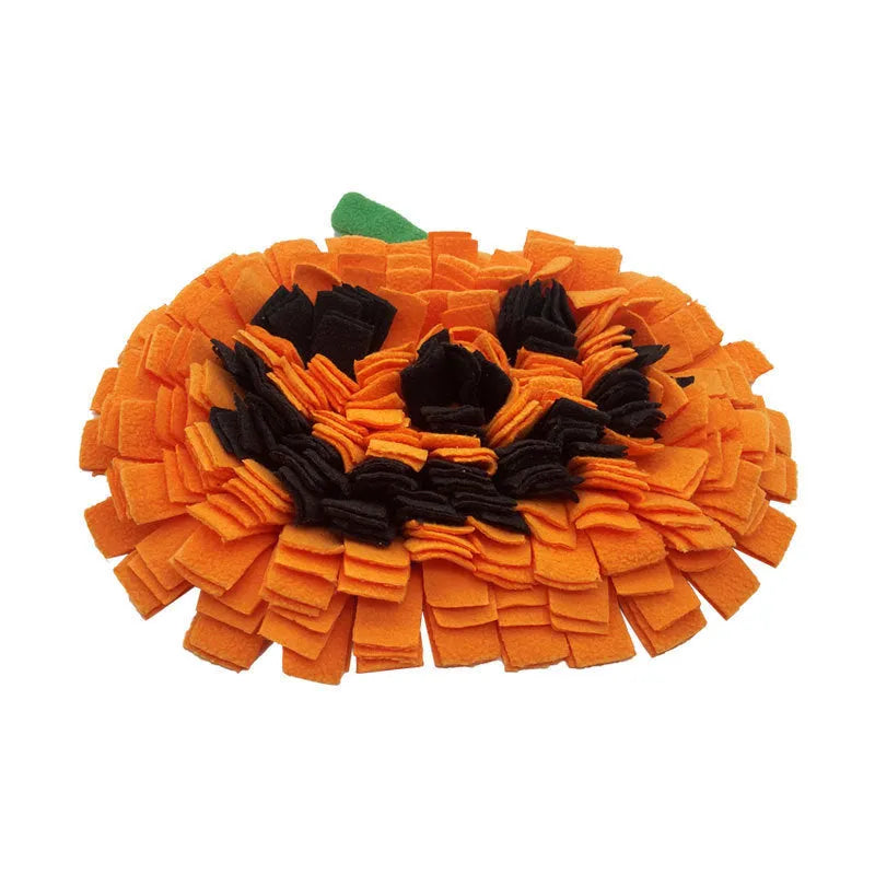 Orange pumpkin-shaped pet smell mat with textured woollen surface for dog slow feeding training