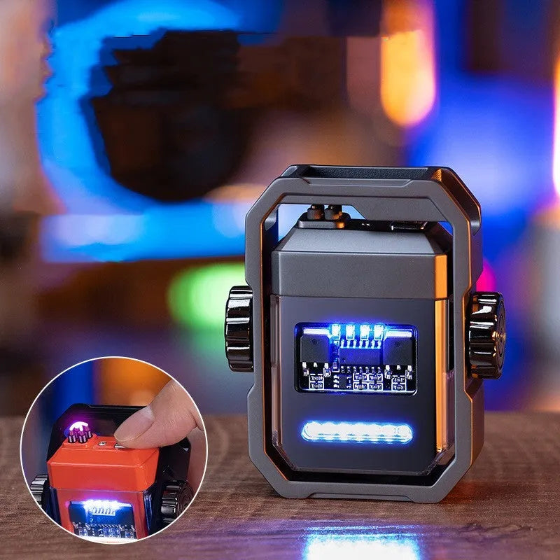 Blue zinc alloy electric pulse lighter with a glowing double arc flame and a visible rotary gyroscope mechanism.