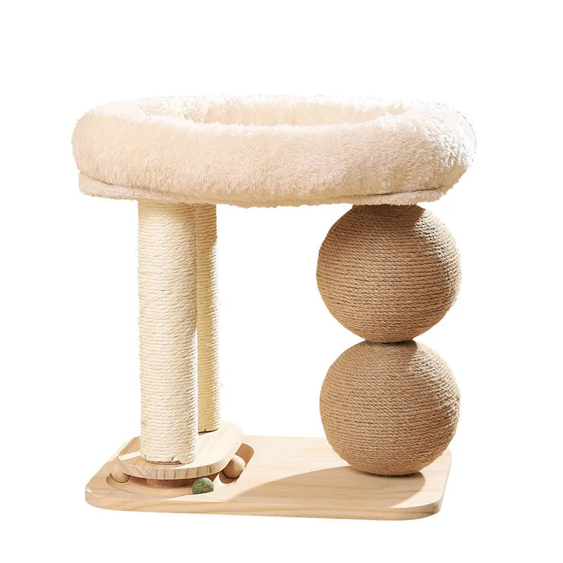 Pine wood cat bed with two integrated grasping balls in simple style