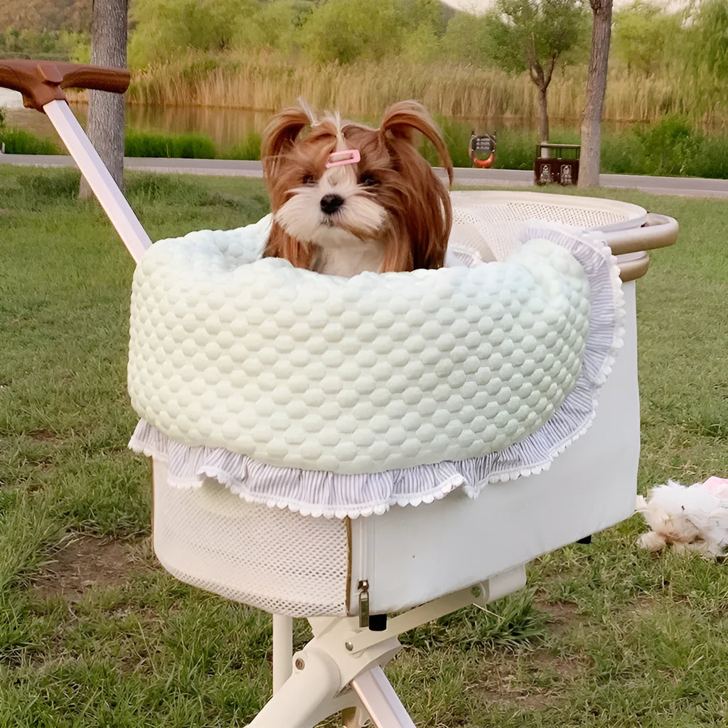 Pure cotton pet stroller cushion set with removable pillow, cushion, and anti-dirty towel in a floral pattern.