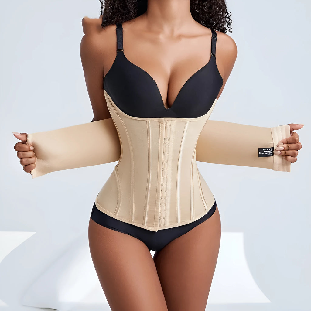 Black nylon belly band waist trainer shown flat with size range XXXS to 3XL