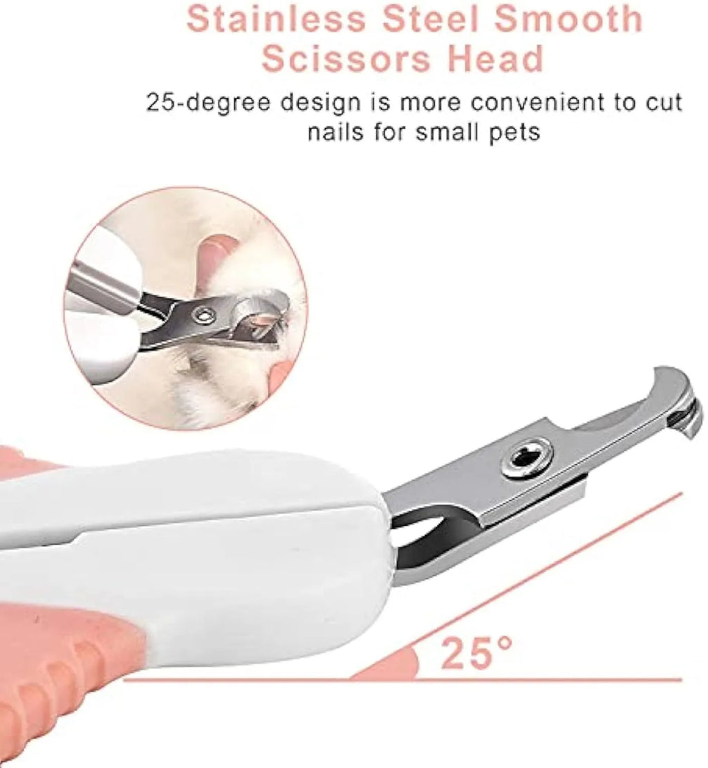 Grey and pink cat nail clippers with safety guard and angled stainless steel blade for pet grooming
