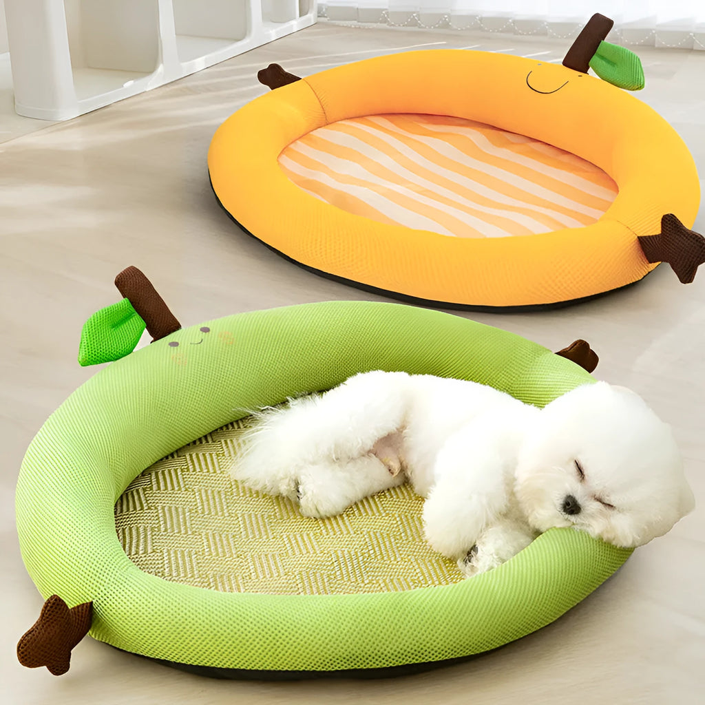 Green fruit-design pet bed with raised backrest, size L shown next to a teddy dog.