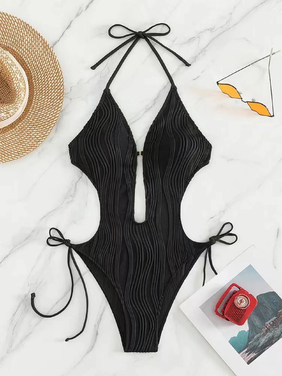 Women's black lace up triangle bikini swimsuit with solid colour design