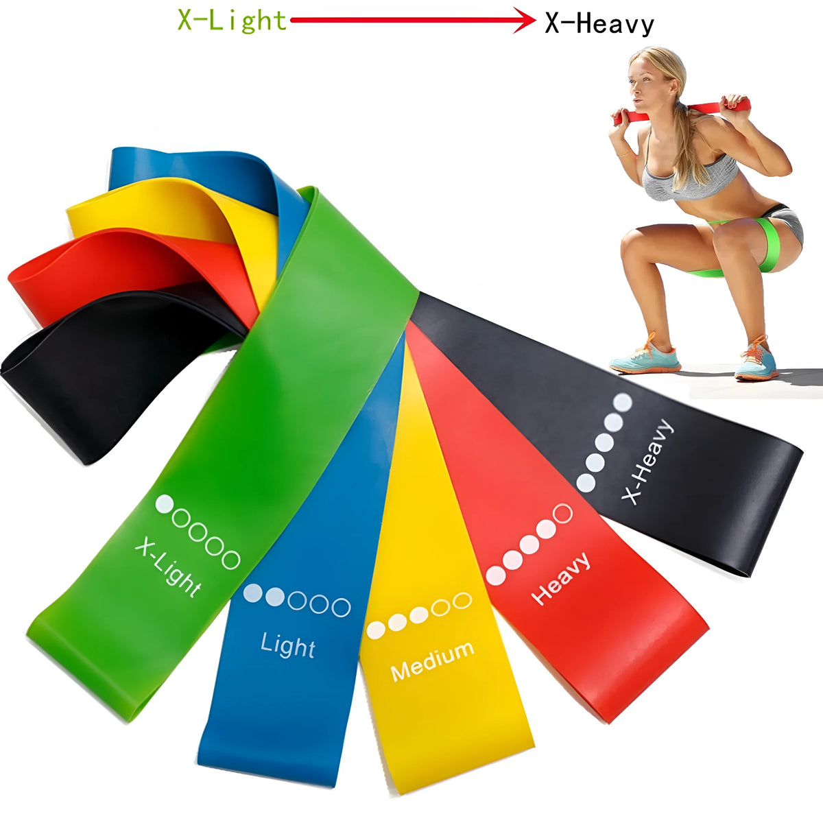 Five yoga tension straps in different colours with force markings for progressive resistance training