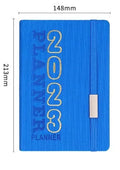 Creative student almanac calendar with imitation leather cover, open to show weekly schedule layout.