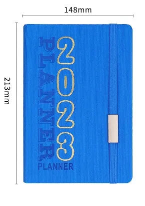 Creative student almanac calendar with imitation leather cover, open to show weekly schedule layout.