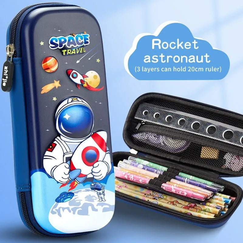 3D leather stationery box pencil case showing detailed spaceship design in black leather.