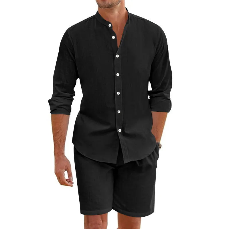 Men's dark grey linen-blend short sleeve shirt and drawstring shorts summer suit set